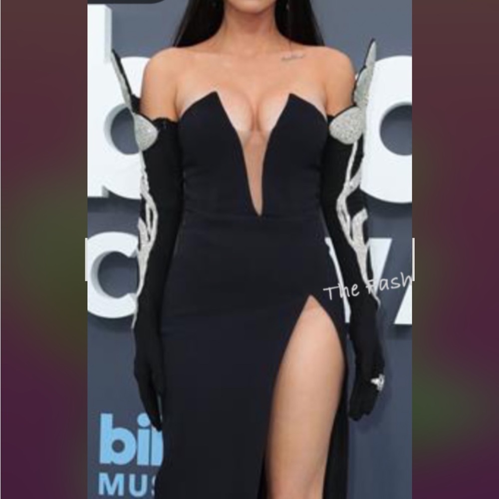Strapless Black Evening Gown with Plunging V and Front Slit